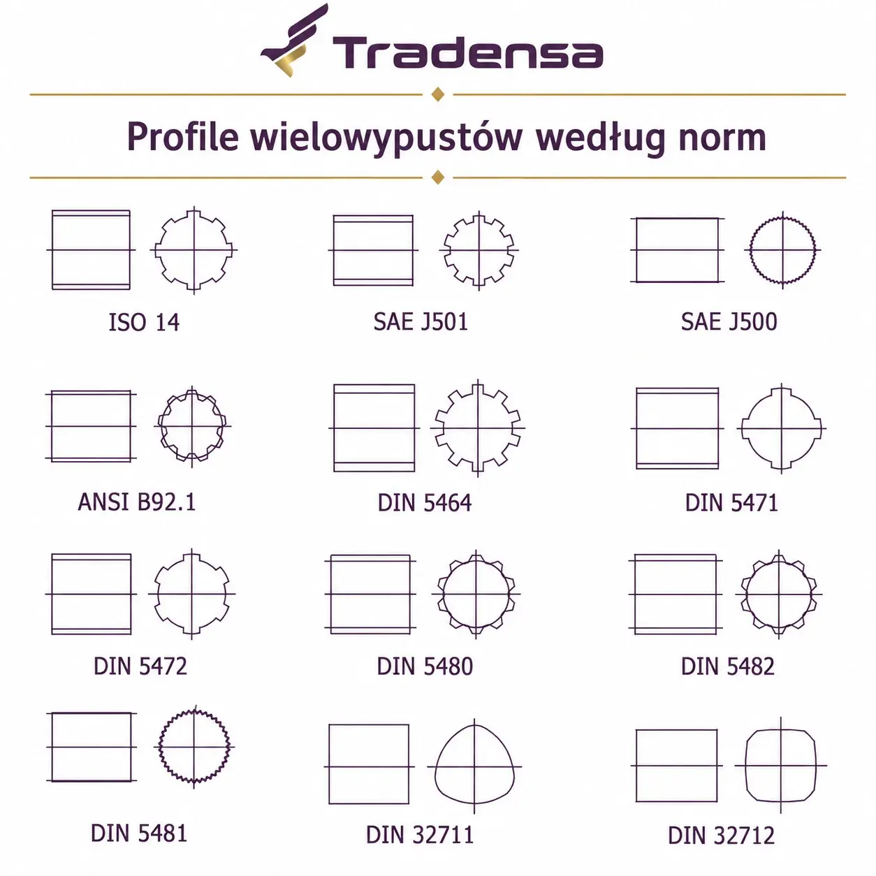 Przekroje profili wielowypustów zewnętrznych według różnych norm